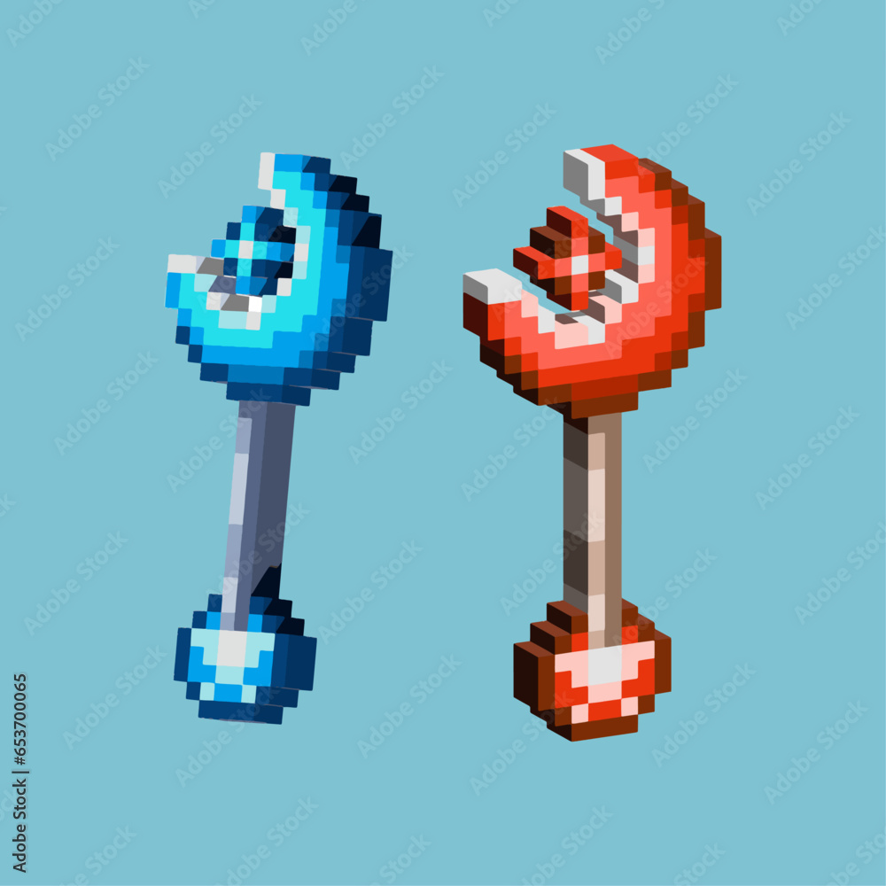 Poster isometric pixel art 3d of magic witch wand weapons or items asset. magical weapon pixelated style.8b