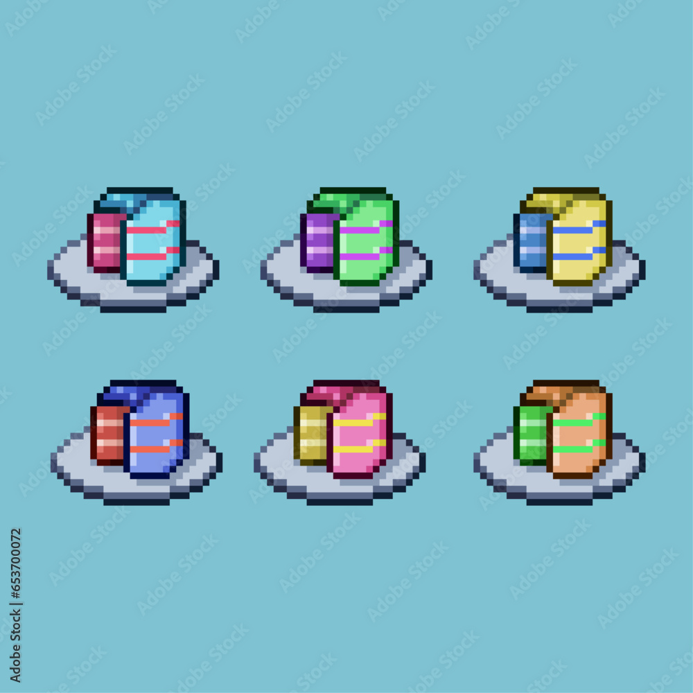 Poster pixel art sets of cake on the plate with variation color item asset simple bits of birthday cake on 