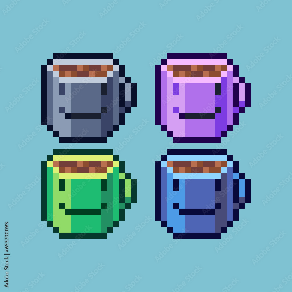 Poster pixel art sets of cup of coffee with variation color item asset simple bits of coffee on pixelated s