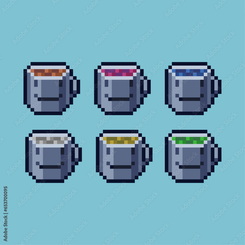 Poster pixel art sets of cup coffee with variation color item asset simple bits of cup of hot drink on pixe