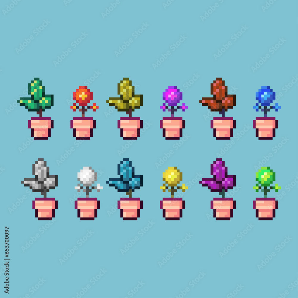 Poster pixel art sets of plant in a pot with variation color item asset simple bits of home decoration plan