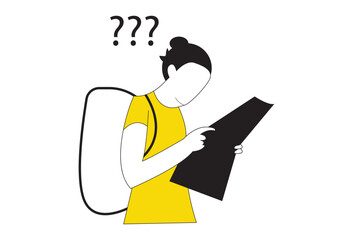 vector illustration of a vacationer who gets lost on a trip. Bring a map as a guide. A vector cartoon illustration showcasing a character with bags, suitcases, and backpacks, representing the concept 