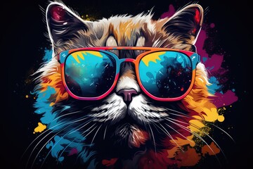 Kolorowy kot w okularach przeciwsłonecznych w kolorach całej tęczy przedstawiony na...