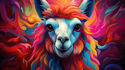 Zbliżenie na głowę kolorowej alpaki namalowanej na abstrakcyjnym obrazie.  - obrazy, fototapety, plakaty