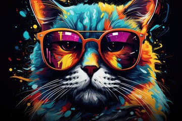 Kolorowy kot w okularach przeciwsłonecznych w kolorach całej tęczy przedstawiony na abstrakcyjnym obrazie.  - obrazy, fototapety, plakaty