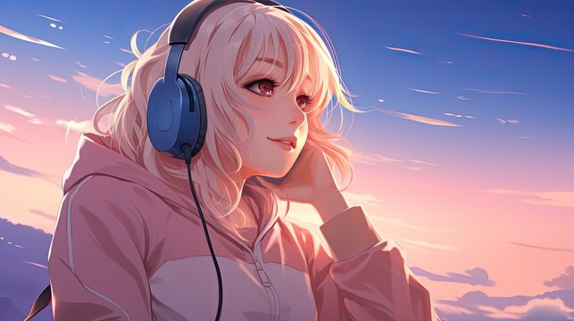 Beautiful Anime Girl Listening to Lofi Hip Hop Music with Headphones