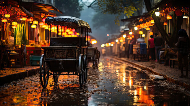 Traditional Indian style rickshaw in the street at night, India.