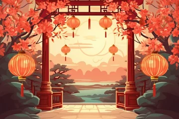 Tuinposter Classic oriental background with Chinese lanterns. Chinese garden landscape illustration. Chinese New Year © Vovmar