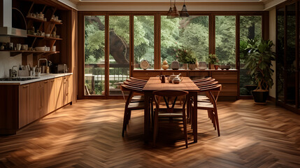 Contemporary Dining Room with Cozy Wood Flooring and Modern Furniture