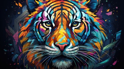 Kolorowy tygrys w kolorach całej tęczy przedstawiony na abstrakcyjnym obrazie.  - obrazy, fototapety, plakaty