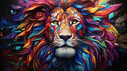 Kolorowy lew w kolorach całej tęczy przedstawiony na abstrakcyjnym obrazie. 