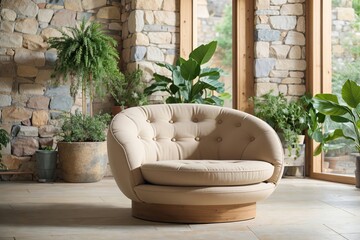 Beige Chair against Floor, near Blocks of Stone Wall and Plants, Houseplant inside Modern Room, using Generative Ai