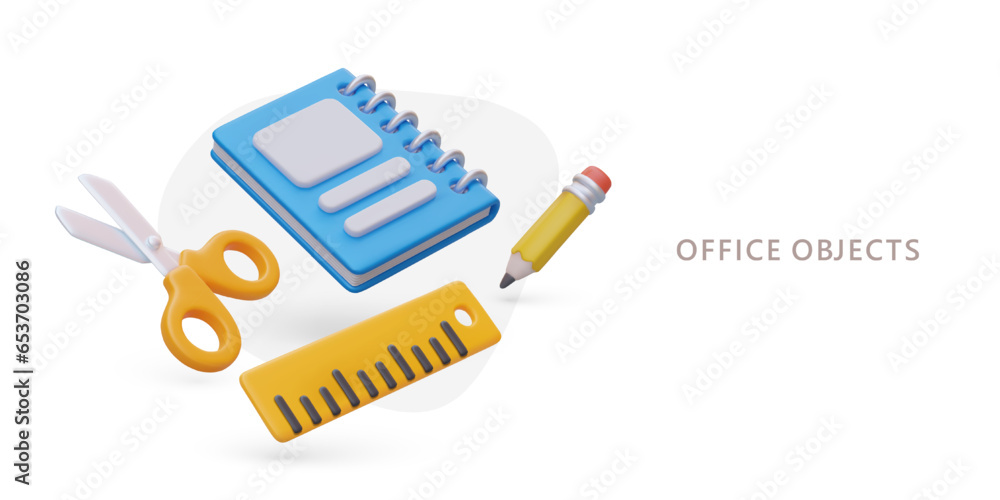 Poster office items. 3d scissors, notebook, pencil, ruler. floating vector objects. concept with text on wh