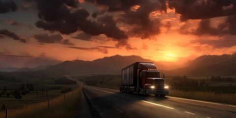 AI Generated. AI Generative. Truck auto mobile  at road highway parking with sunset country side landscape background. Graphic Art