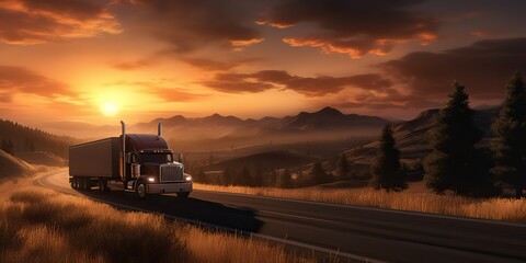 AI Generated. AI Generative. Truck auto mobile  at road highway parking with sunset country side landscape background. Graphic Art