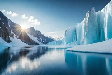 Keuken foto achterwand Antarctica Frozen Glacier with mountains and lake at sunrise 