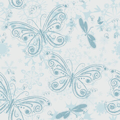 Vector silvery seamless Christmas pattern with snowflakes and butterflies