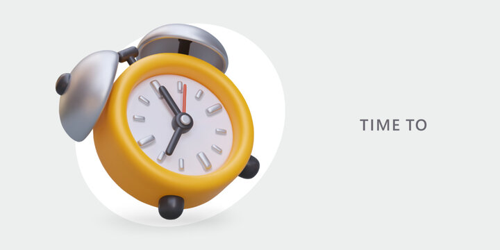 Time to. Vintage yellow alarm clock, place for text. Vector concept with 3D illustration in cartoon style. Device for reminding about start of work. Countdown