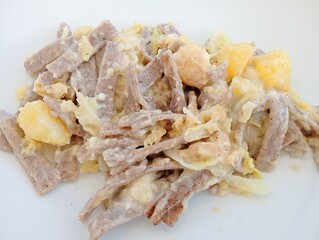 Close-up of cooked pizzoccheri, italian traditional dish