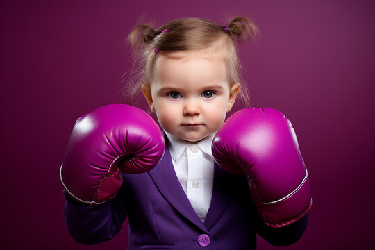 Generative AI photo of funny small child in boxing gloves training physical exercises in a ring