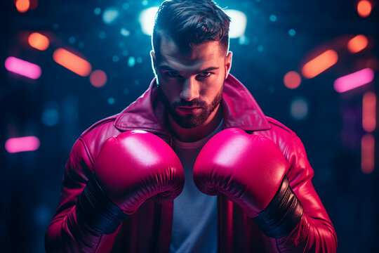 Generative AI photo picture of strong confident professional male boxer on a boxing ring
