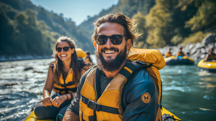 Tourists are rafting on water adventures. - obrazy, fototapety, plakaty
