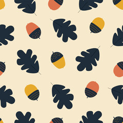 Colorful fall acorn and oak leaf hand drawn vector illustration. Autumn vibes seamless pattern for kids fabric or wallpaper. © Елена Радькова