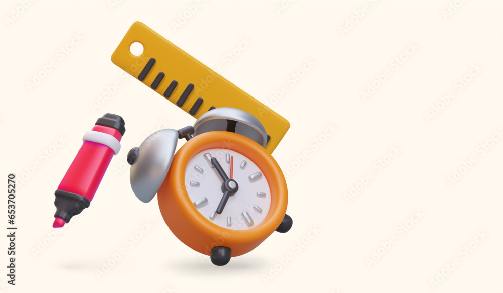 Aufkleber 3d marker, alarm clock, ruler. study time. composition of vector floating objects. office supplies. 