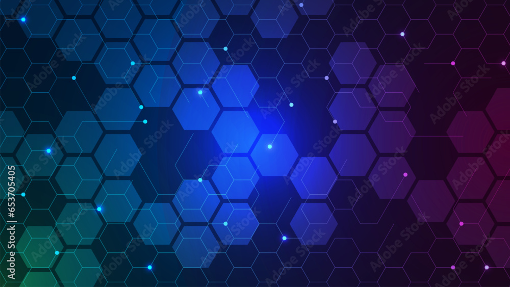 Poster abstract geometric shape with hexagons pattern and glowing particles. cyber nano information, networ