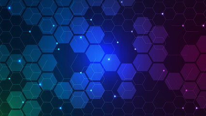 Abstract geometric shape with hexagons pattern and glowing particles. Cyber nano information, network connection and communication technology background.