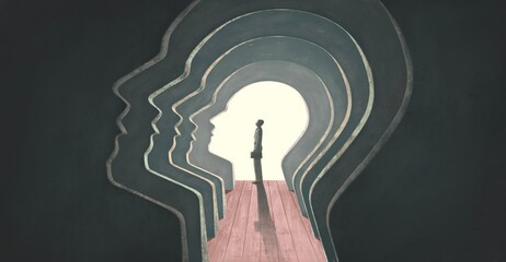 Mental health, brain, psychology concept art, 3d illustration, surreal mystery artwork, imagination painting, conceptual idea of success © Jorm Sangsorn