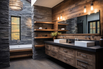 A Serene Retreat: A Modern Rustic Bathroom with a Charming Barnwood Vanity, Striking Stone Accent Wall, and Cozy Ambiance, Blending Natural Elements and Contemporary Design.