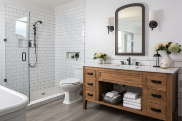 Fototapeta premium Modern farmhouse bathroom with rustic wood accents, subway tile, and functional sink, showcasing minimalist design and cozy neutral colors.