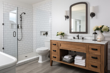 Modern farmhouse bathroom with rustic wood accents, subway tile, and functional sink, showcasing minimalist design and cozy neutral colors.