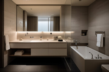 A Serene and Sleek Scandinavian Bathroom with Minimalist Fixtures, Monochromatic Color Scheme, and Bright Lighting for a Clean and Elegant Space.