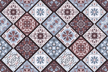 Set of patterned azulejo floor tiles background. Seamless colorful pattern. Abstract geometric patchwork. Collection of ceramic tiles in turkish style. Portuguese and Spain decor. Islam, Arabic