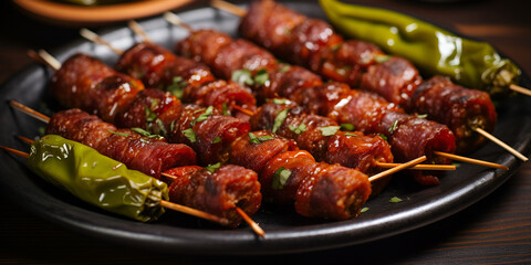 Sizzling Pork Skewers for Grill , Barbecue Pork Skewers Still Life Ai Generative