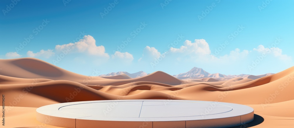 Poster realistic podium and building in the desert with a blue sky backdrop advertisement display and illus