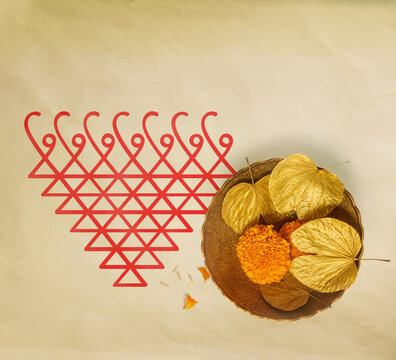 Dussehra background with 'Saraswati Yantra' drawn along with Sona leaves and flowers. Hindu festival Dashahara background template with Goddess Saraswati symbol.