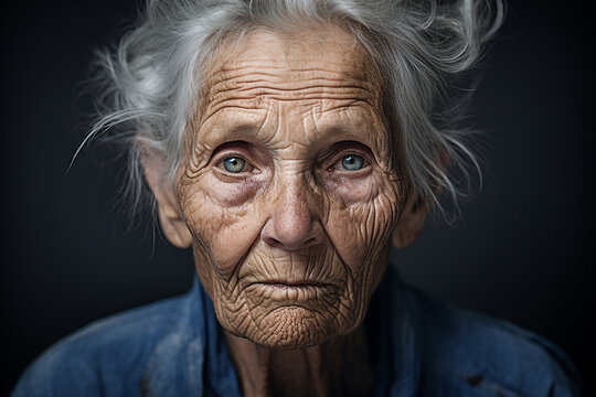 Close up photography capture of melancholy old beautiful woman with blue eyes generated AI modern technology