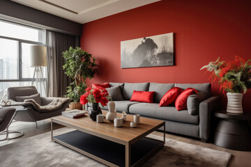 Stylish furniture and decorative accents create an inviting ambiance in this cozy and modern living room with red and gray colors, natural lighting, elegant window treatments