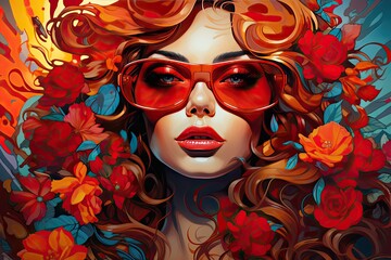 Piękna kobieta w kolorowych okularach przeciwsłonecznych  z kwiatami w rudych włosach.  - obrazy, fototapety, plakaty