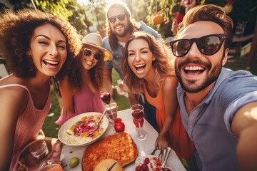 Family And Friends Take Cheerful Selfie While Having Picnic Barbecue In Sunny Garden During The Summer, Capturing Joyful Moments Together