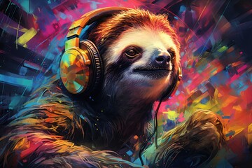 Kolorowy DJ leniwiec w słuchawkach puszczający muzykę.  - obrazy, fototapety, plakaty