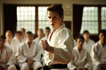 Karate Martial Arts Training Session Unfolds In Dojo Hall, With Young Man Donning White Kimono And Black Belt Engaged In Combat And Instruction Students Observe In The Backg()