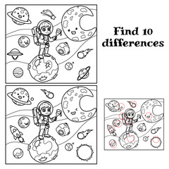 Cute little astronaut coloring the month. Find 10 differences. Tasks for children. vector illustration
