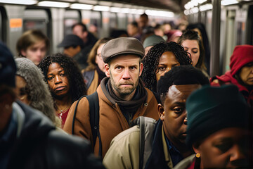 Large Crowd Of People In The Subway During Rush Hour, Commuting Home On Trains After Long Day Of Work Everyone Appears Exhausted - obrazy, fototapety, plakaty