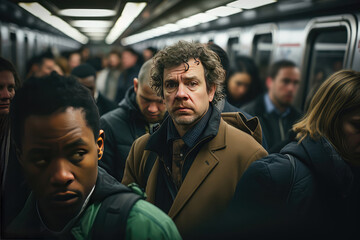 Large Crowd Of People In The Subway During Rush Hour, Commuting Home On Trains After Long Day Of Work Everyone Appears Exhausted - obrazy, fototapety, plakaty
