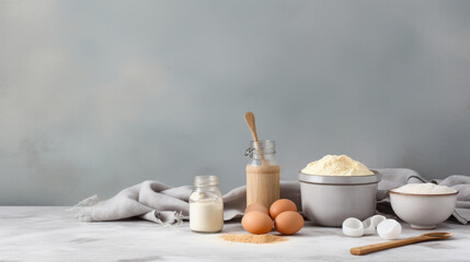 Dough preparation recipe bread, pizza or pie making ingredients, food flat lay on kitchen table background. Butter, milk, yeast, flour, eggs, sugar pastry or bakery cooking. - obrazy, fototapety, plakaty