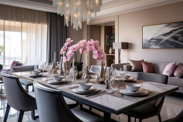 A Captivating Dining Room with a Harmonious Blend of Pink and Gray Colors, Contemporary Stylish Interior Design, and an Elegant Chandelier.